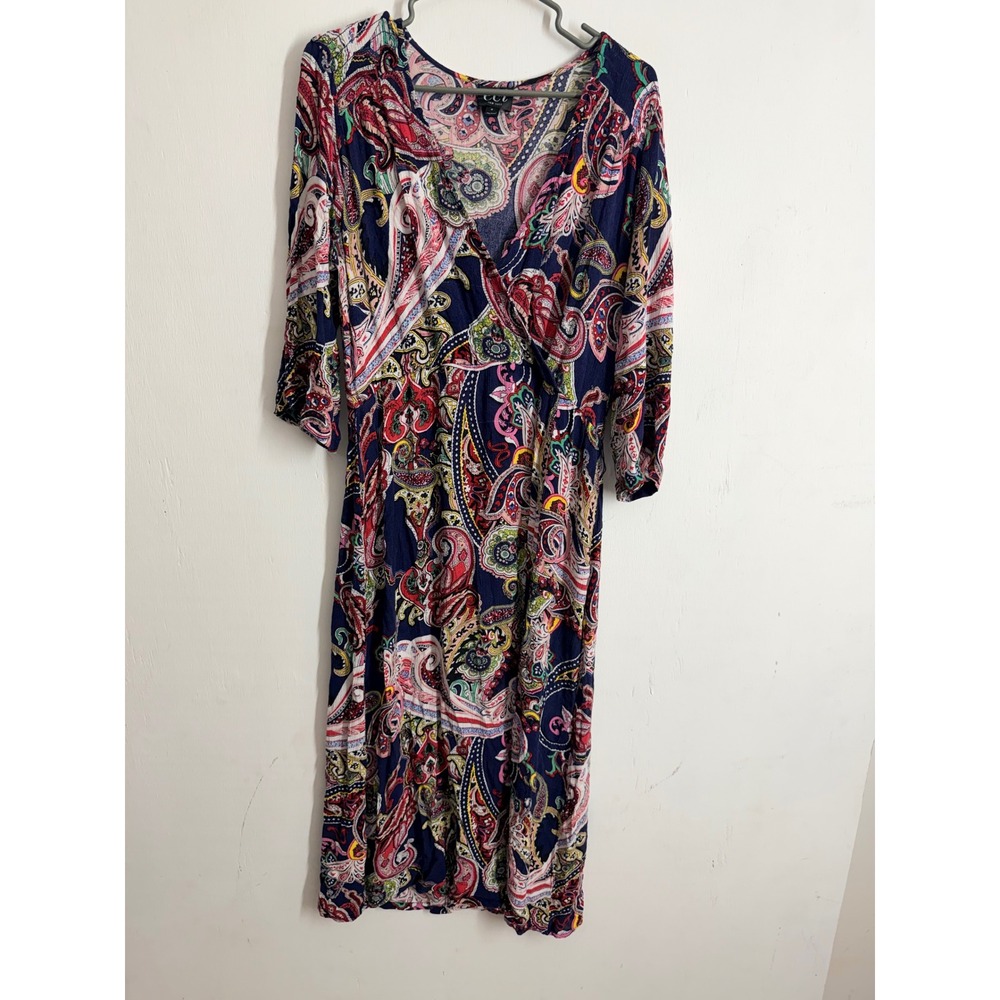 ECI New York Paisley Faux Wrap Midi Dress Navy Blue Multicolor 3/4 Sleeve Size 8